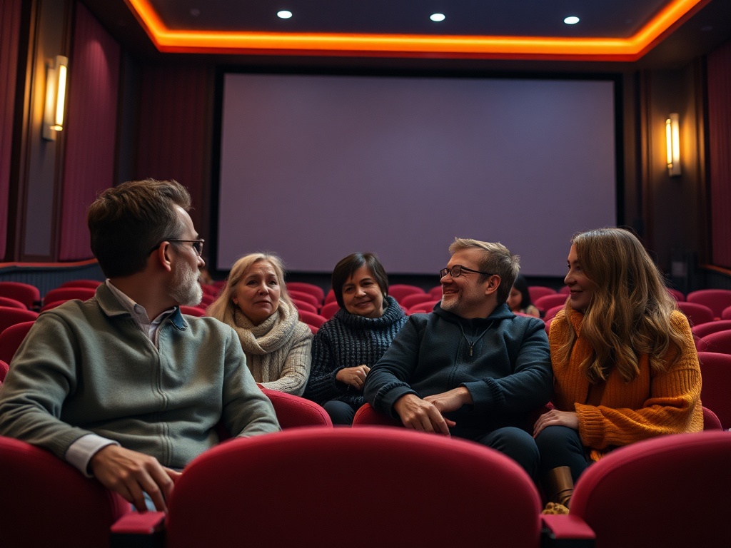 Группа людей сидит в кинотеатре, разговаривая и смеясь, перед экраном, на красных креслах.