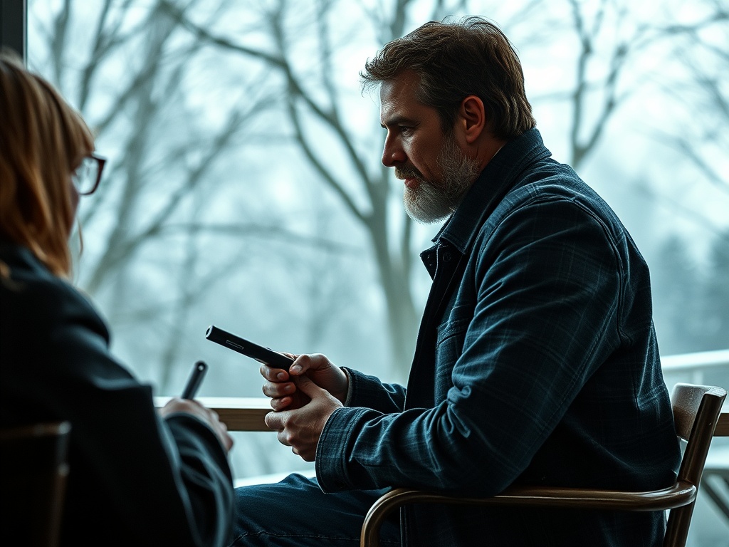 Мужчина с бородой в темной одежде держит предмет, сидя напротив женщины с длинными волосами и очками.