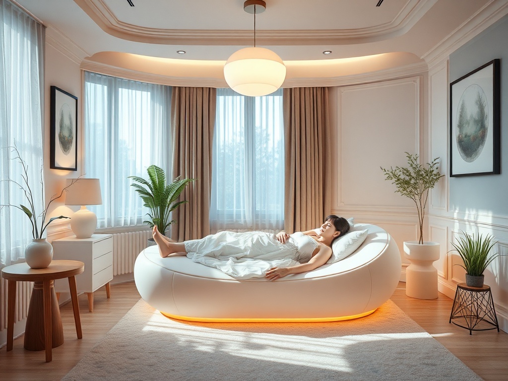 Современная комната с уютной кроватью, женщиной, лежащей под покрывалом, и зелеными растениями вокруг.