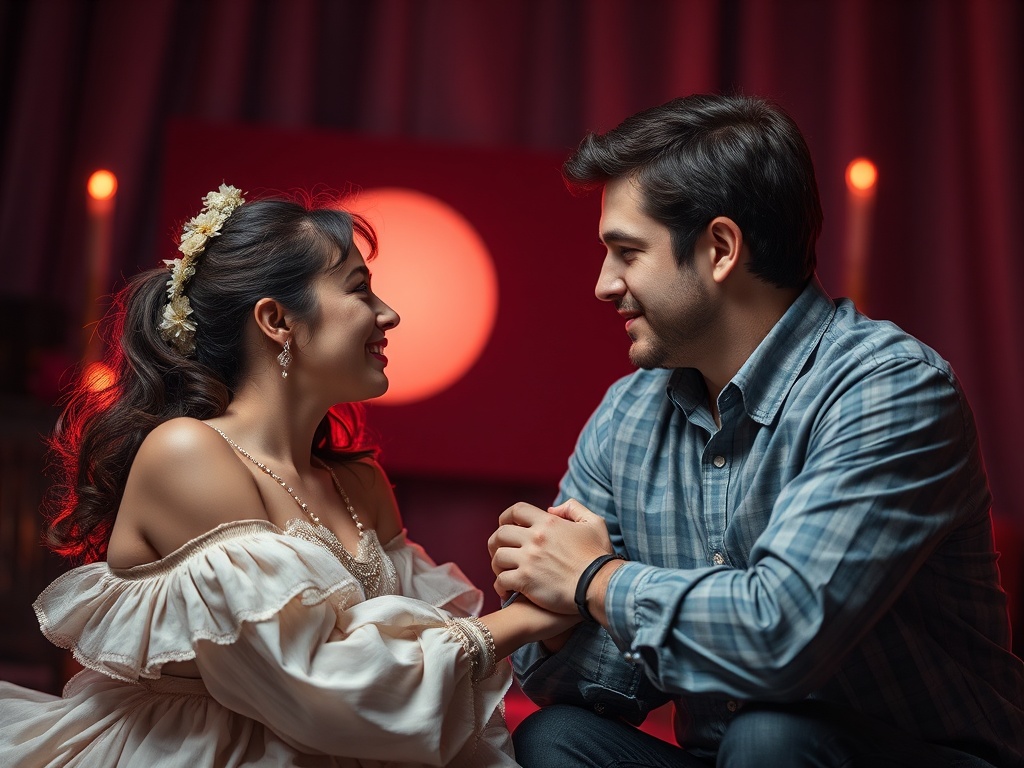 Парень и девушка сидят друг напротив друга, улыбаются и держатся за руки на фоне теплого света.