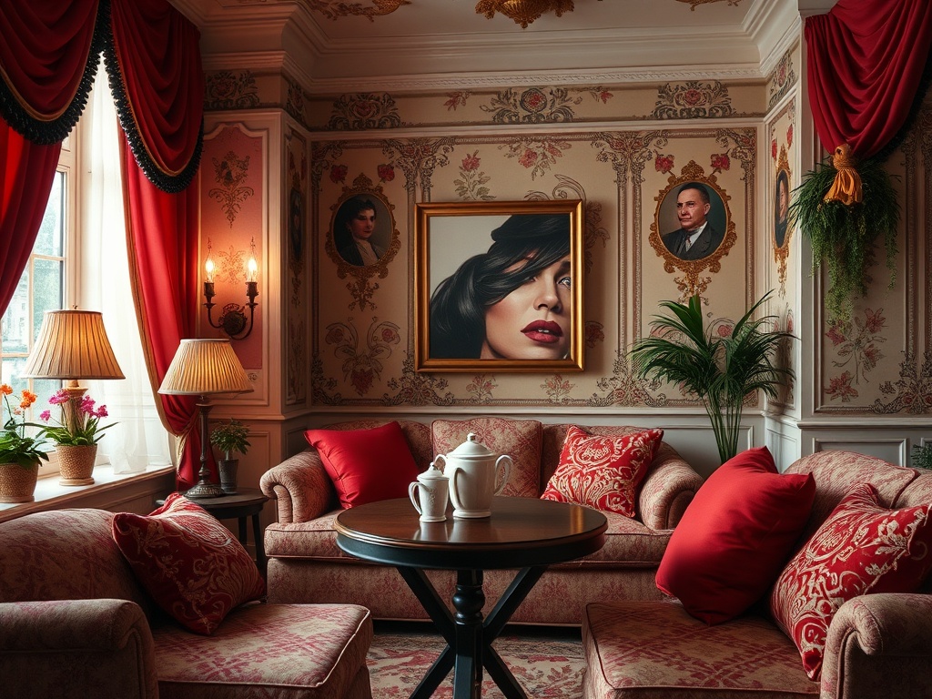 Уютная комната с красными шторами, мягкой мебелью и портретами на стенах, цветами у окна и чайником на столе.