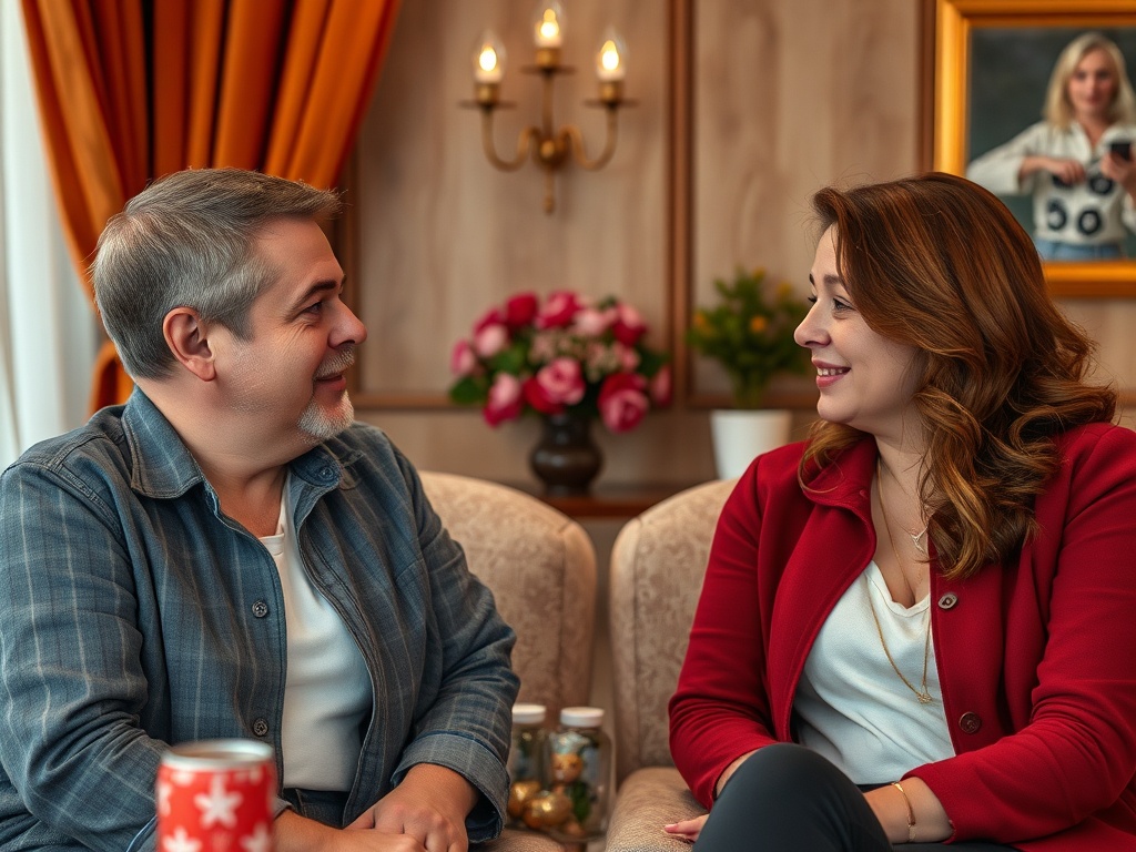 Два человека улыбаются и беседуют в уютной комнате с цветами и свечами на фоне.