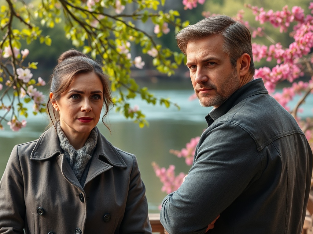 На фоне цветущих деревьев пара внимательно смотрит в разные стороны, отображая напряжение в отношениях.