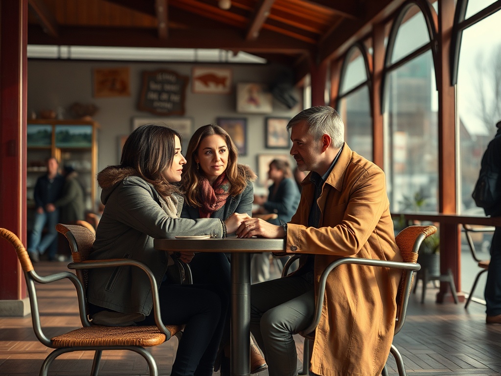 Трое людей общаются за столом в кафе, наслаждаясь компанией друг друга и уютной атмосферой.