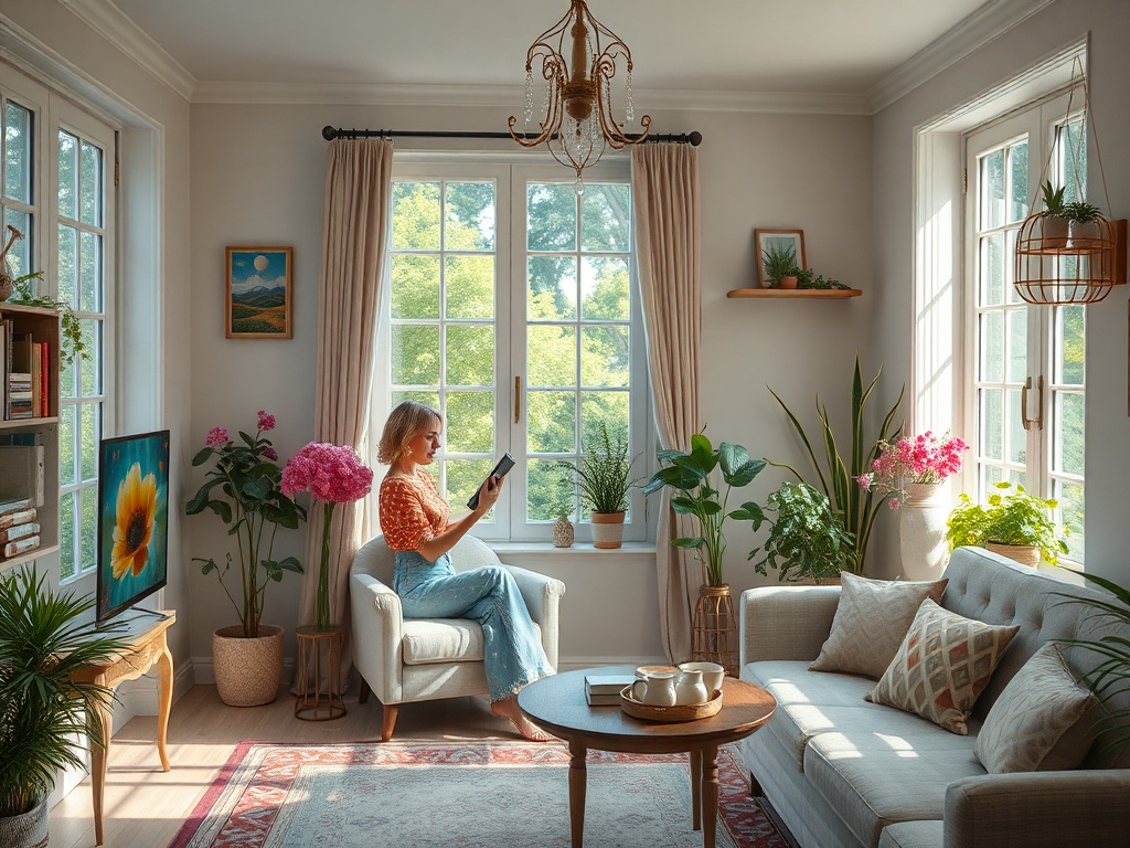 Женщина читает книгу в уютной комнате с большими окнами и зелеными растениями вокруг.