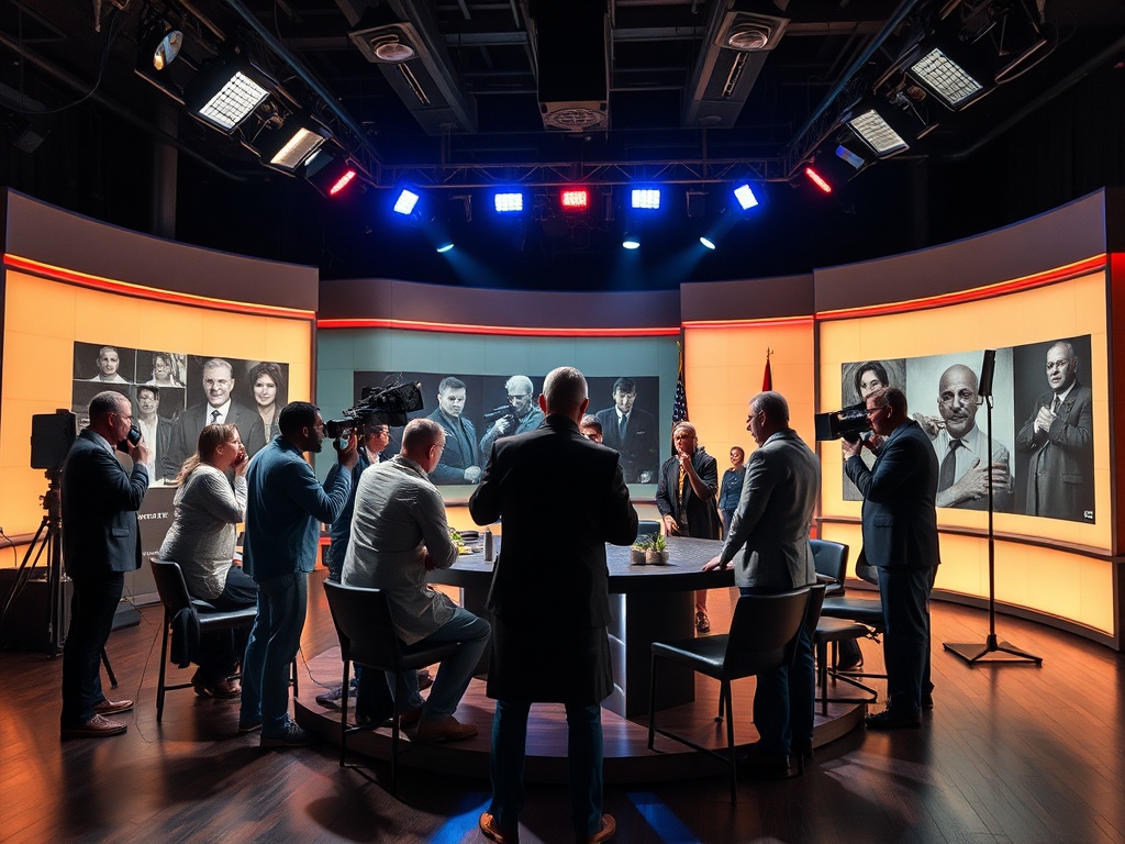 Группа людей на встрече в студии, оператор снимает обсуждение около круглого стола под яркими огнями.