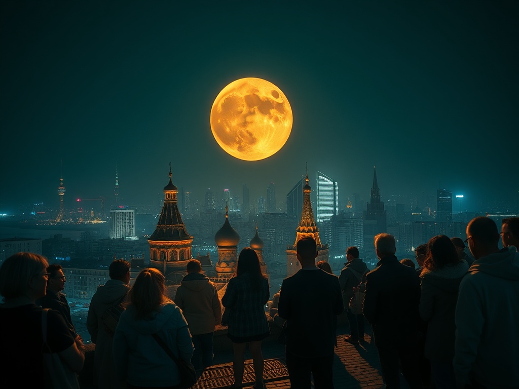 Группа людей смотрит на огромную луну над городскими башнями и яркими огнями ночного города.