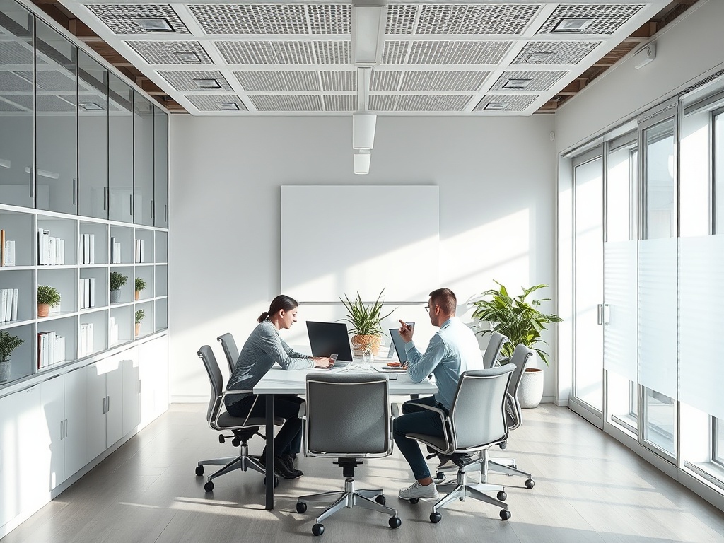 Два человека находятся в светлом офисе, обсуждая дела за столом в конференц-зале.