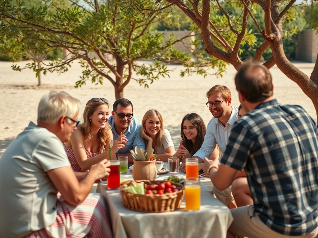 Группа друзей собирается на пикник под деревьями, наслаждаясь общением и напитками.