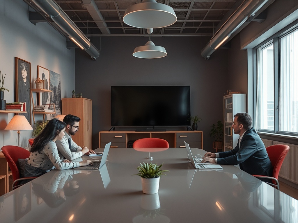 Трое человек за столом в офисе, работают на ноутбуках, на заднем плане большой телевизор.