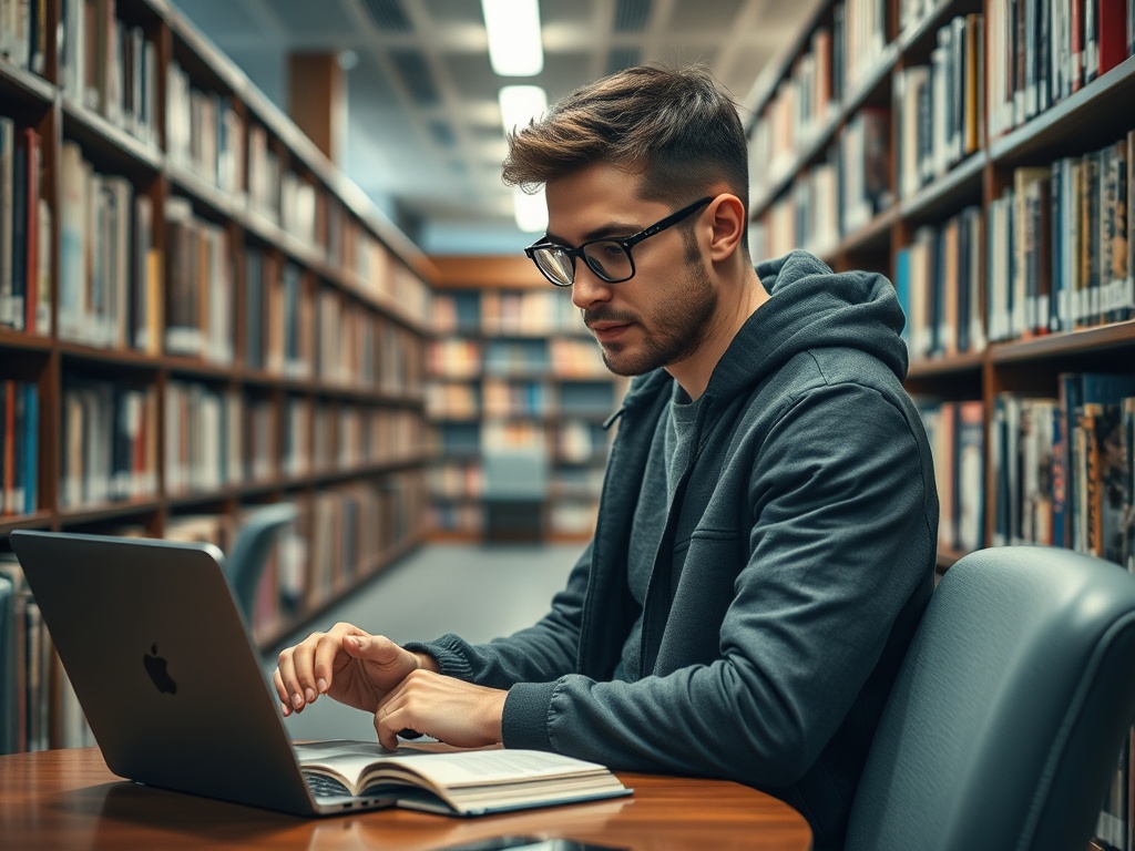 Молодой человек в библиотеке работает на ноутбуке, рядом открытая книга, вокруг стеллажи с книгами.