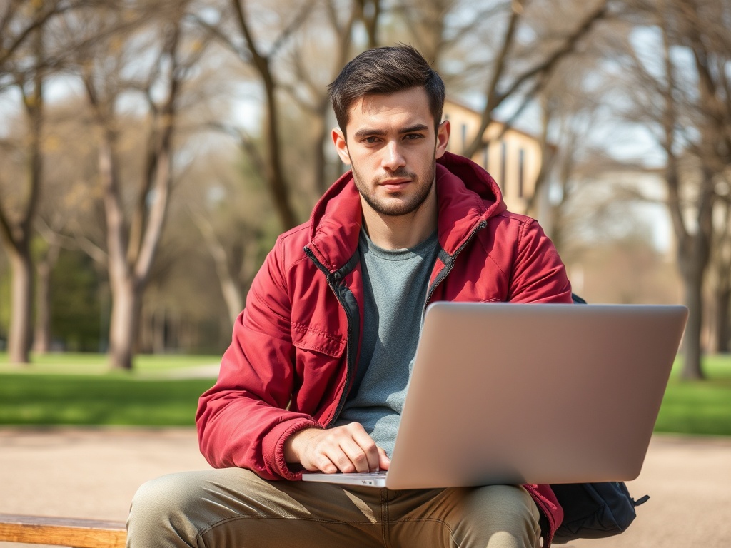 Молодой человек в красной куртке сидит на скамейке с ноутбуком на коленях в парке.