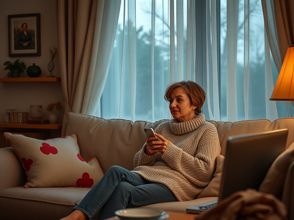 Женщина в уютном свитере сидит на диване и смотрит в телефон, рядом стоит лампа и подушка с сердечками.
