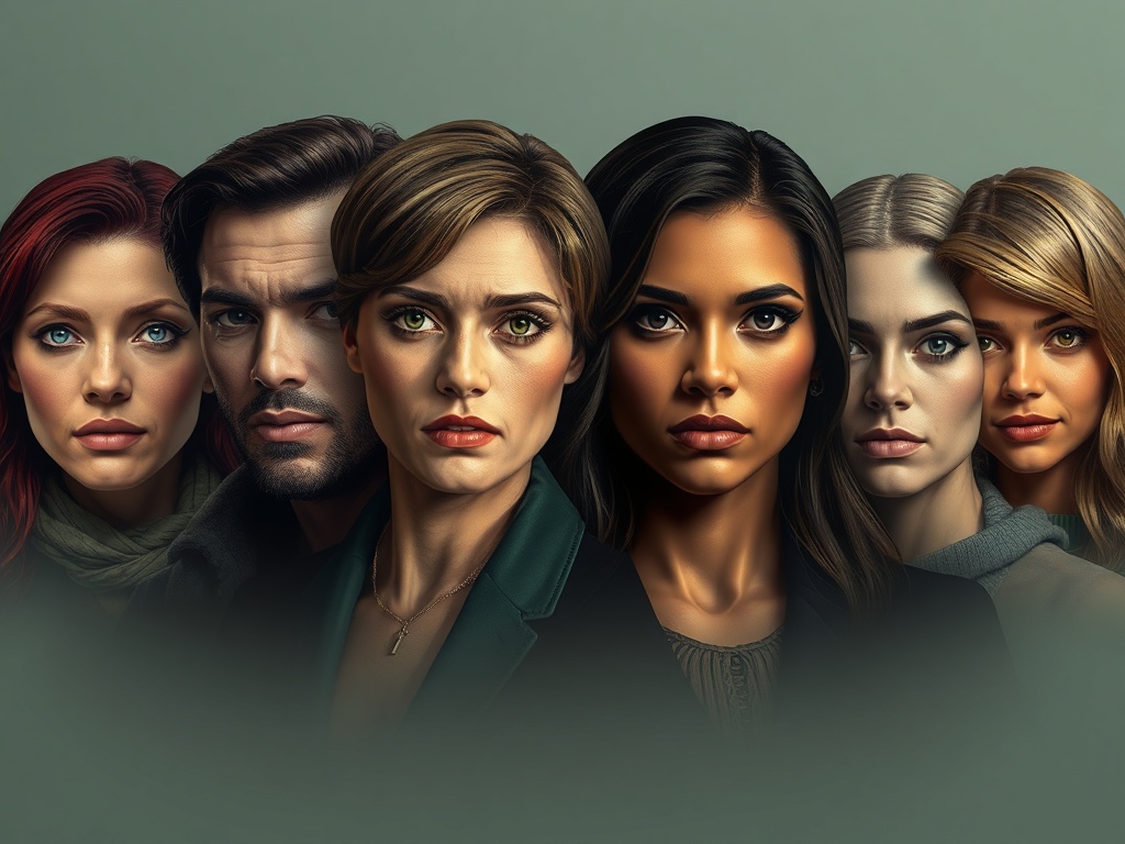 Группа людей с различными выражениями лиц, стоящих рядом и смотрящих в камеру.