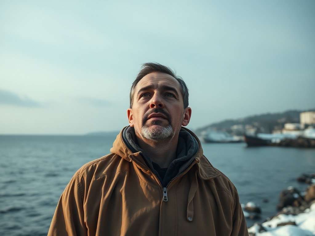 На изображении человек стоит у моря, смотрит вверх с задумчивым выражением лица. Зима, гористый пейзаж на фоне.