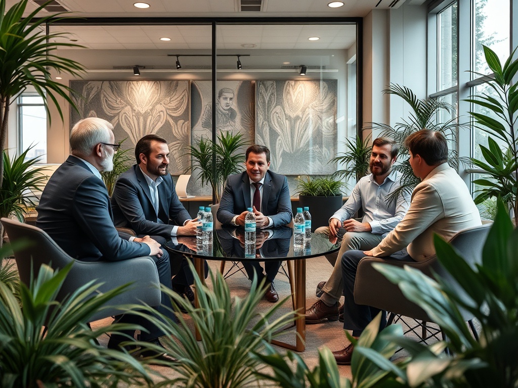 Шестеро мужчин в деловой обстановке обсуждают идеи за круглым столом, окружённые зелеными растениями.