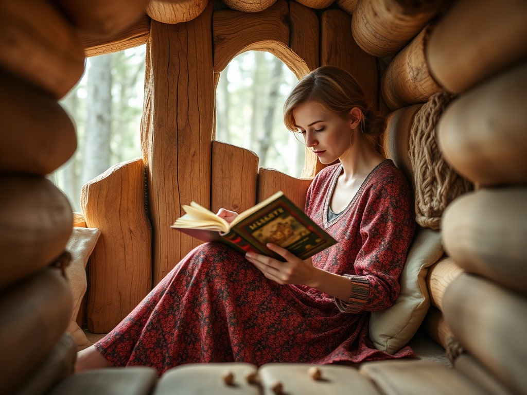 Девушка в уютной комнате из дерева читает книгу, наслаждаясь атмосферой спокойствия и уединения.