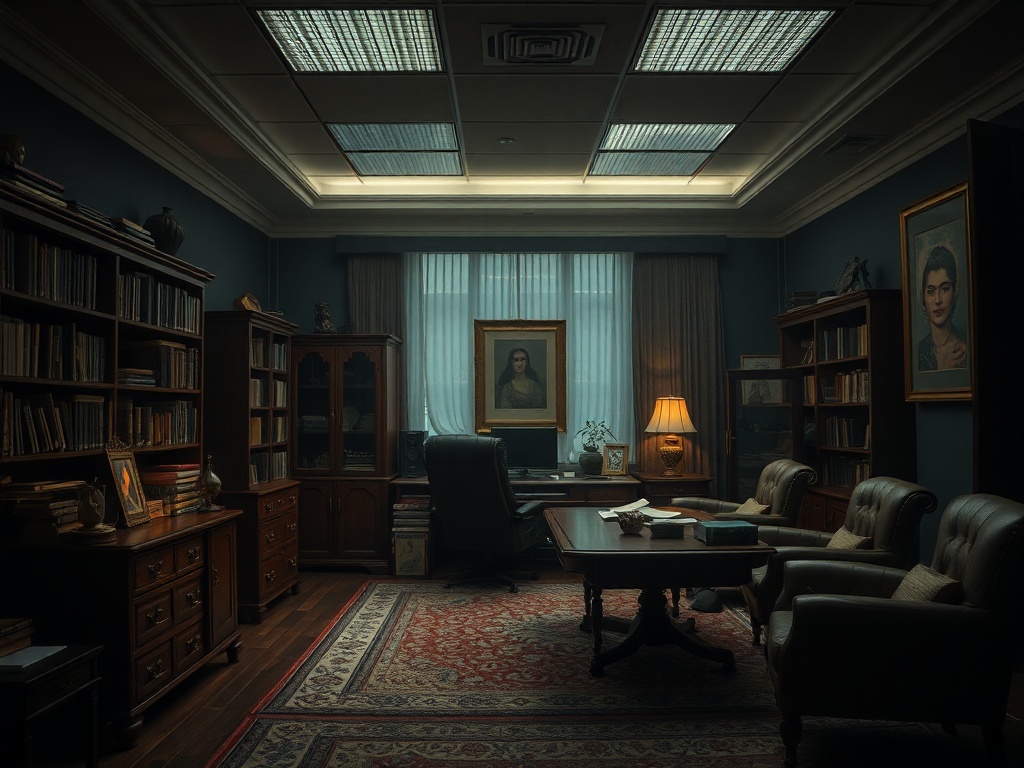 Тёмный офис с книжными полками, столом и креслами, освещённый мягким светом лампы и окон.