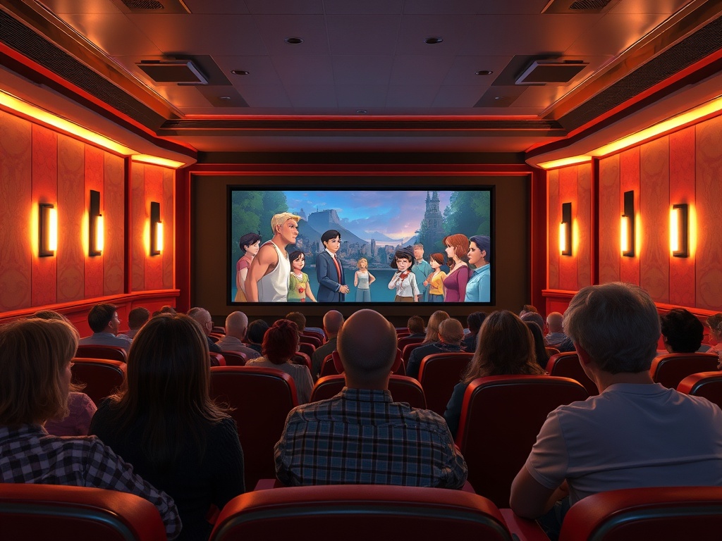 Зал кинотеатра с зрителями, смотрящими анимационный фильм на большом экране. Атмосфера ожидания и увлечения.