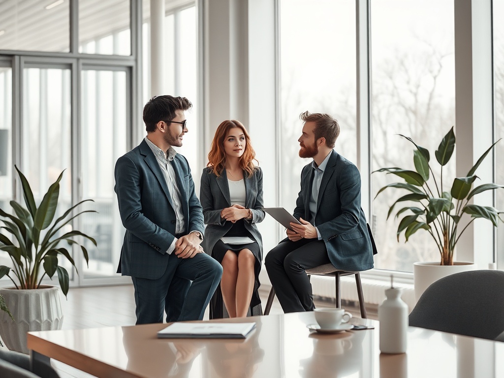 Три профессионала в деловых костюмах обсуждают что-то важное в современном офисе. Стильные интерьеры и растения.