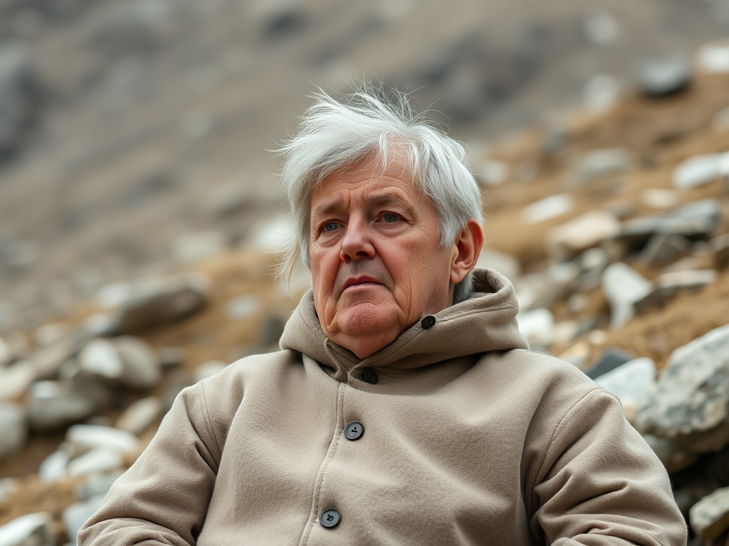 Портрет пожилого человека с серыми волосами, сидящего на фоне камней, тщательно смотрящего вдаль.