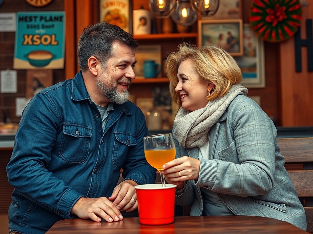 Счастливая пара наслаждается беседой и напитками в уютном кафе. За ними оформленный интерьер.