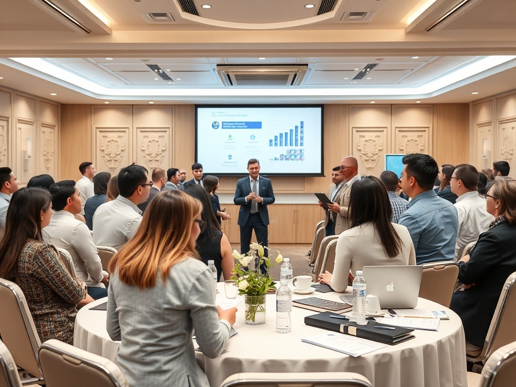 В деловой атмосфере стендап-встреча, участники обсуждают данные на экране, цветы на столе.