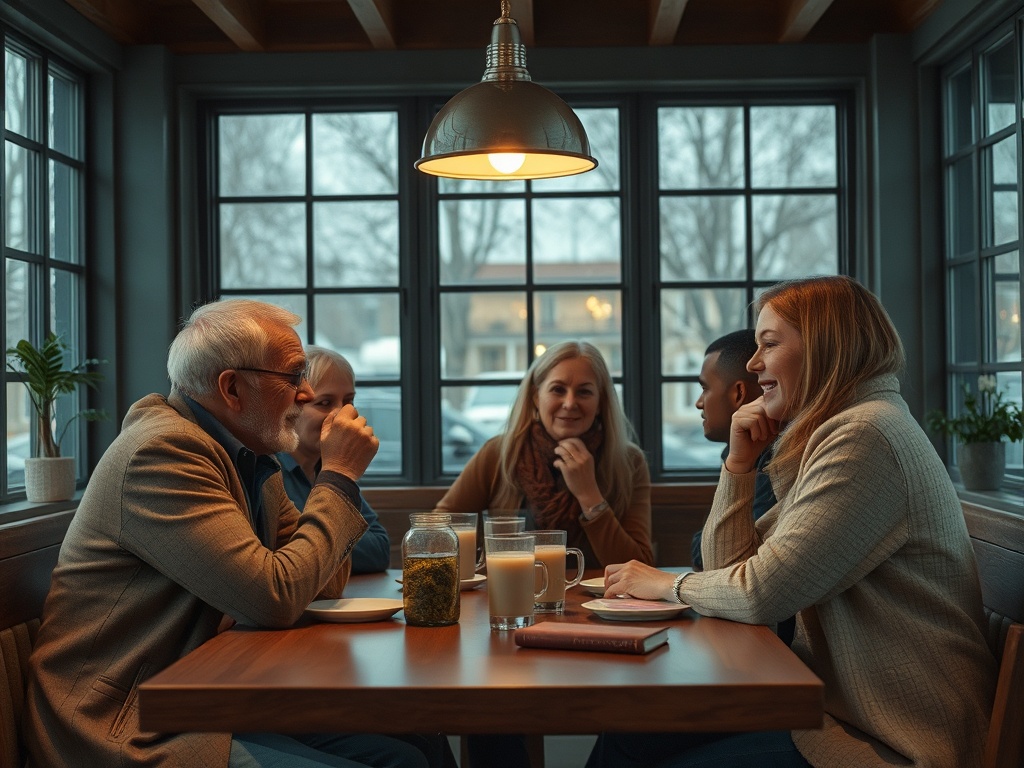 Семья сидит за столом в кафе, общаясь и наслаждаясь временем друг с другом. За окном холодная погода.