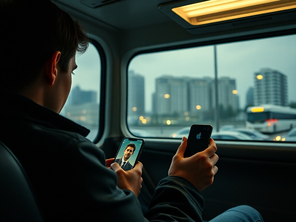 Парень в автомобиле разговаривает по видео, держа два смартфона, за окном виднеется городской пейзаж.