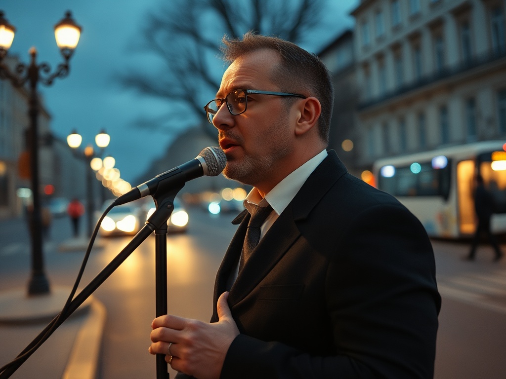 Музыкант поет на улице в вечернее время, вокруг горят фонари, проезжают машины.