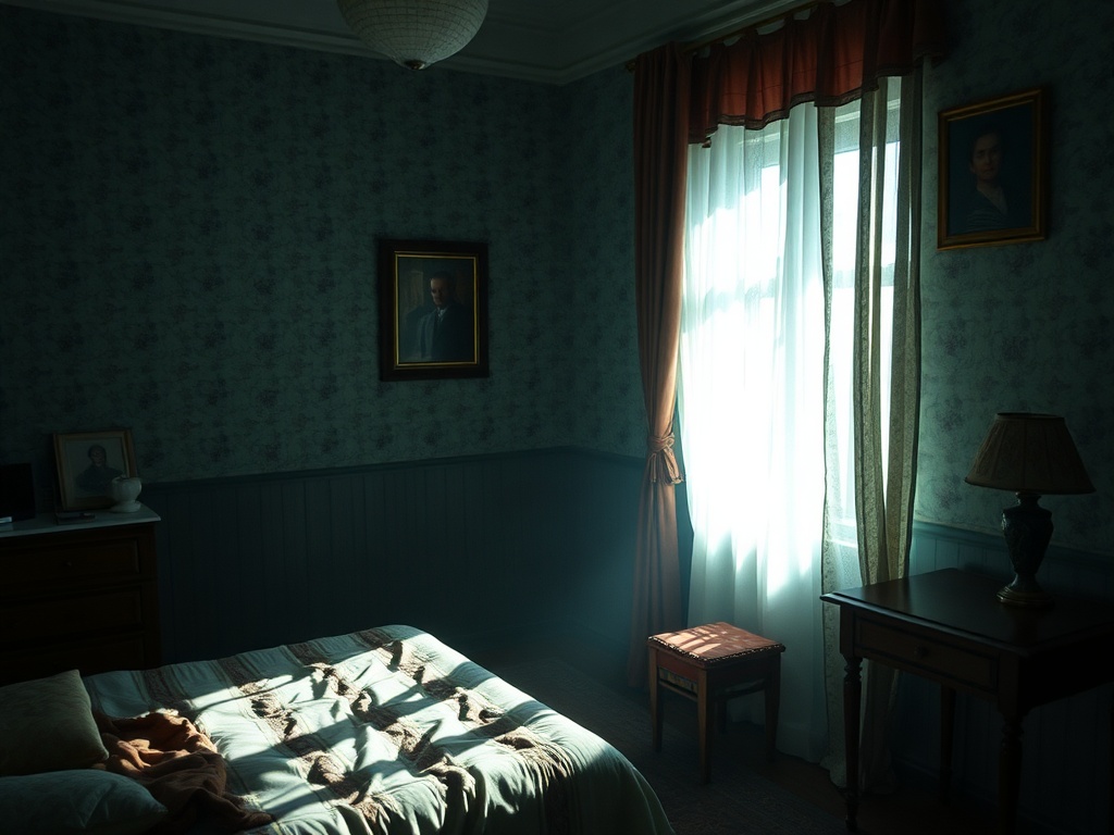 Светлая спальня с окнами, старыми портретами на стенах и кроватью, покрытой уютным пледом.