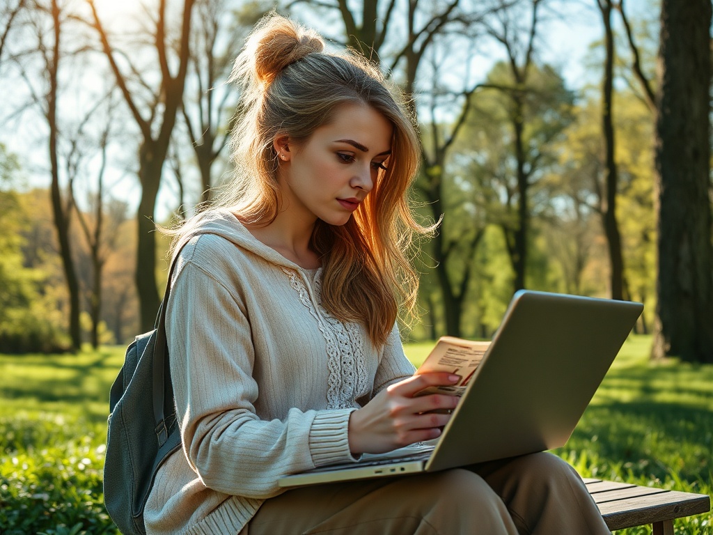 Девушка сидит на скамейке в парке, используя ноутбук и читая листок с информацией на фоне природы.