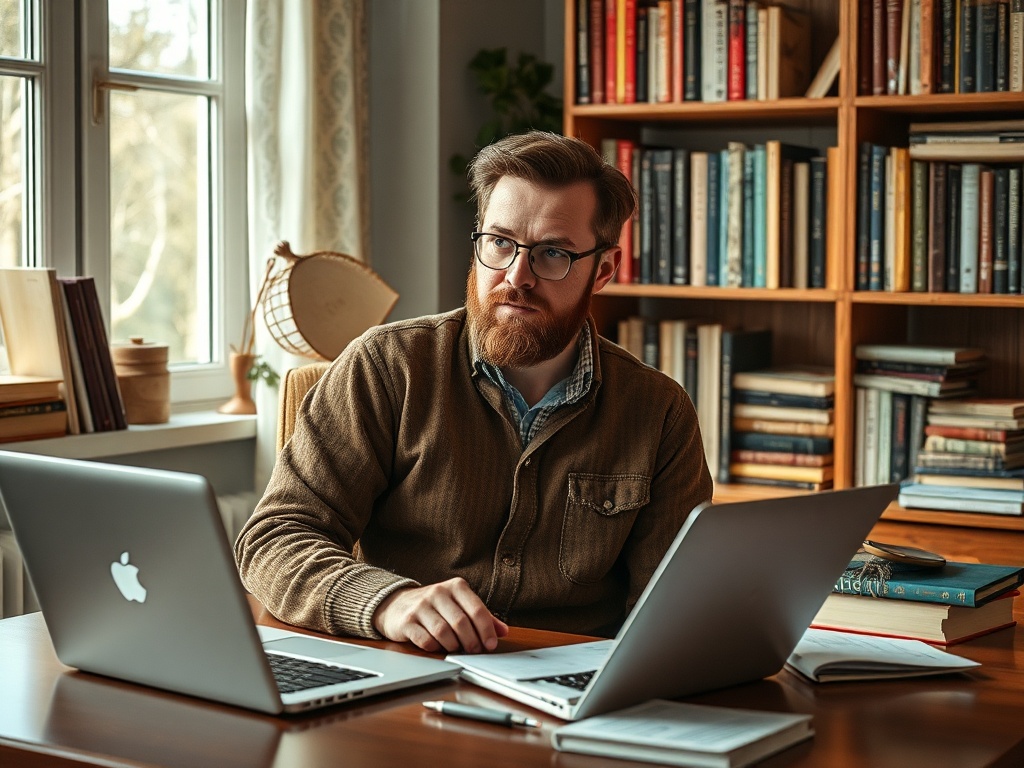 Мужчина с бородой работает за столом с двумя ноутбуками и книгами на фоне книжной полки.