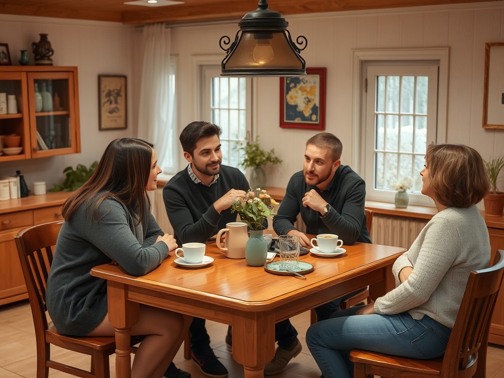 Группа из четырёх человек обсуждает что-то за столом в уютной кухне, окруженной светом и растениями.