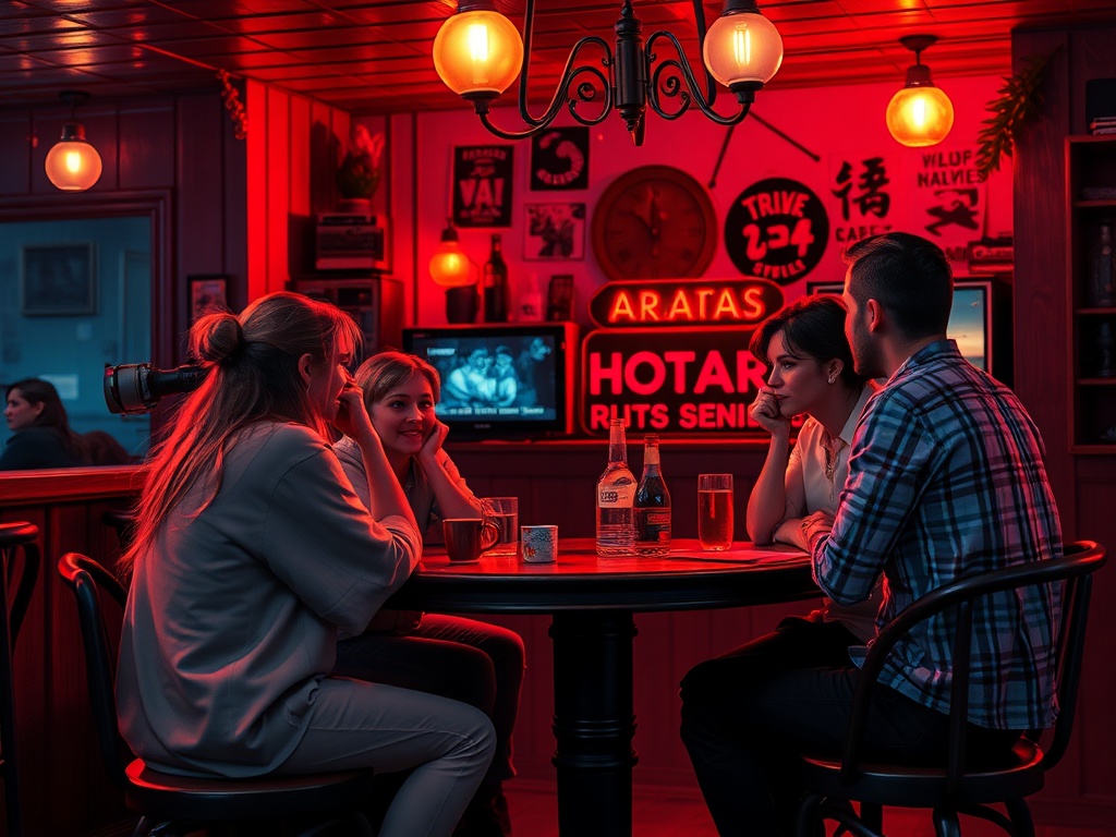 Четыре человека сидят за столиком в темном баре с красным светом и обсуждают что-то за бокалом напитка.