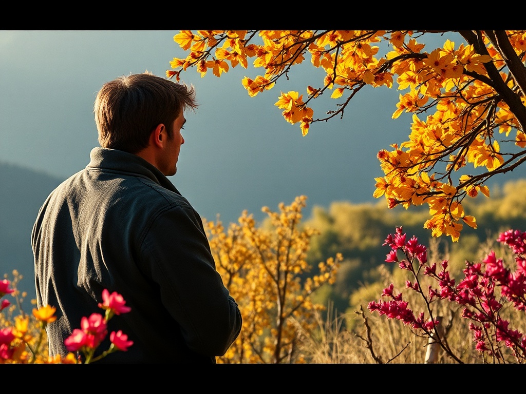 Молодой человек стоит спиной к камере на фоне осенних цветов и гор. Живописный пейзаж и солнечный свет.