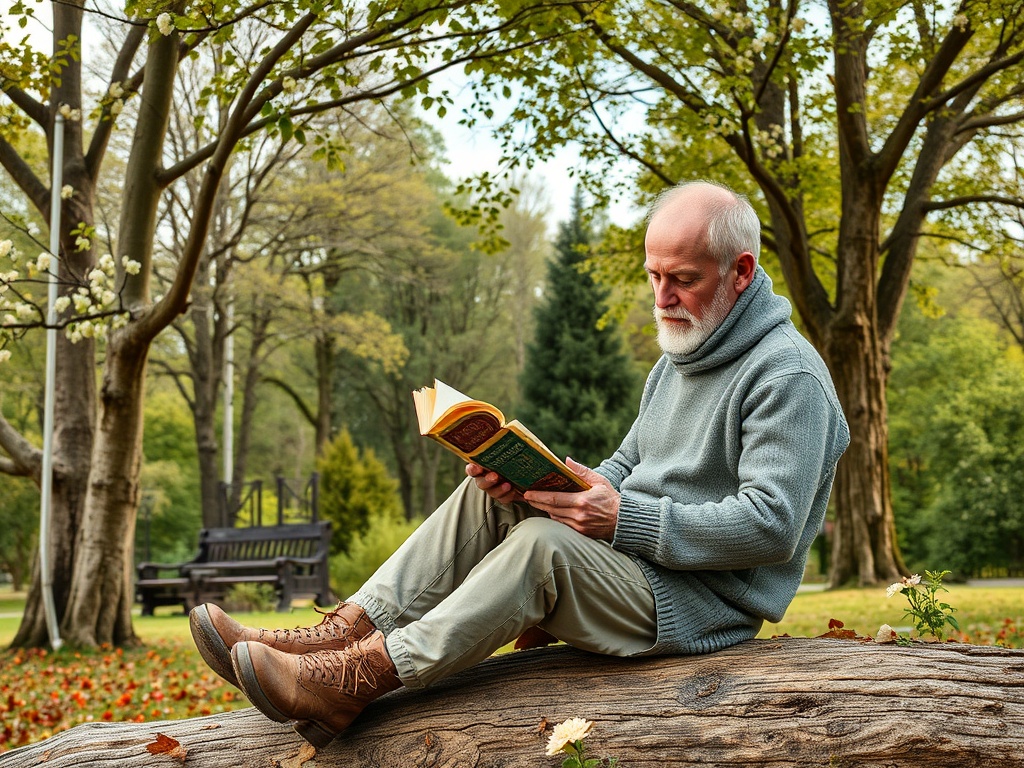 Пожилой мужчина читает книгу, сидя на бревне в парке среди зелёных деревьев и ярких осенних листьев.