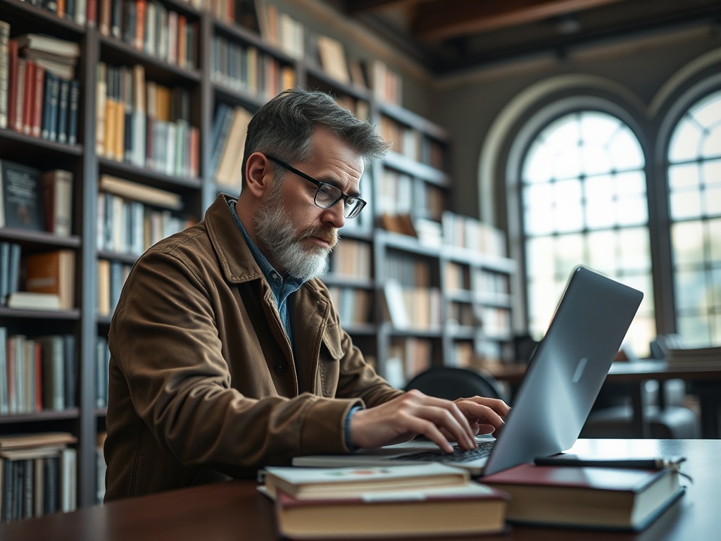 Пожилой мужчина с бородой работает на ноутбуке в библиотеке, окружённый книгами на полках.