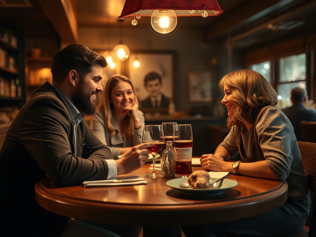 Трое людей сидят за столом в уютном кафе, смеются и наслаждаются временем вместе с напитками.