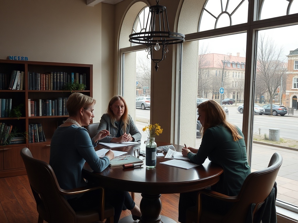 Три женщины обсуждают дела за круглым столом в кафе, рядом с окном с видом на улицу.