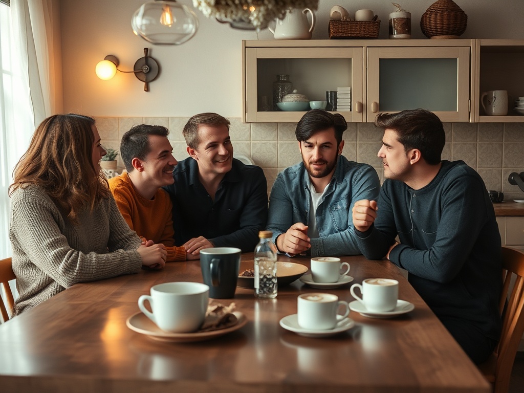 Друзья общаются за столом, наслаждаясь кофе и уютной атмосферой в доме.