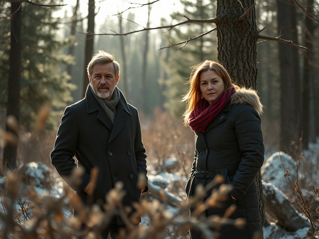 На фото два человека в зимней одежде стоят в лесу. Деревья вокруг, светло, зима.