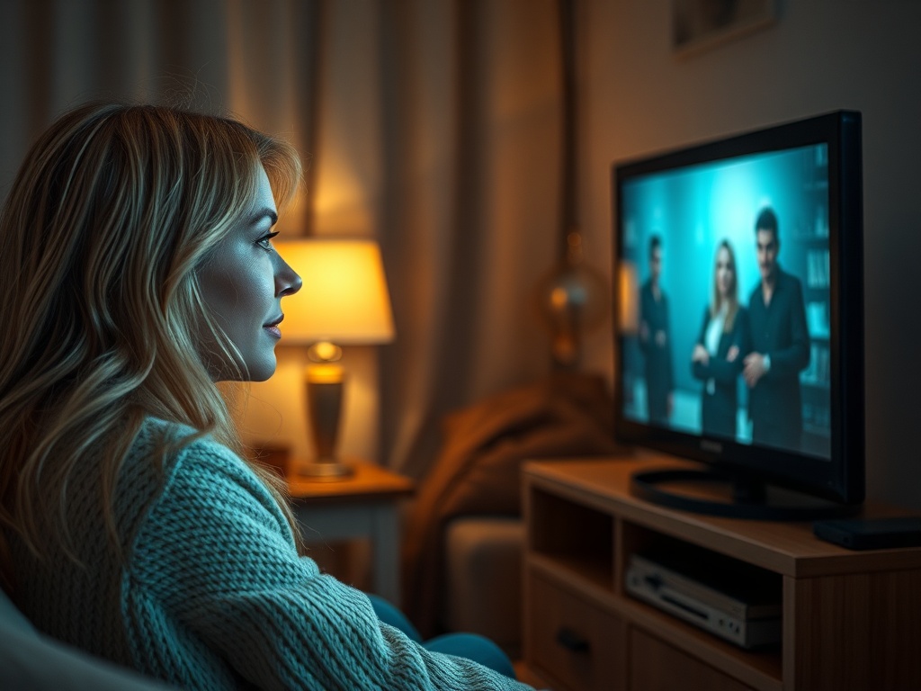 Женщина в свитере смотрит телевизор в уютной комнате с мягким освещением и теплой атмосферой.