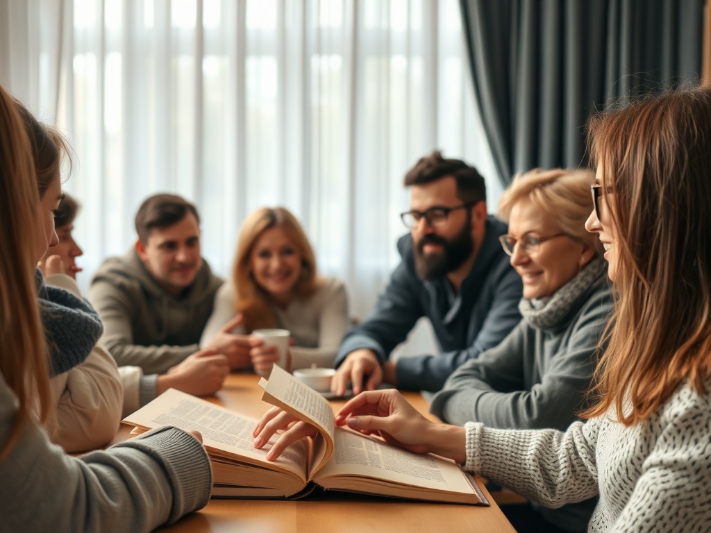 Группа людей собирается за столом, обсуждая книгу и делясь мнениями, с уютной атмосферой вокруг.