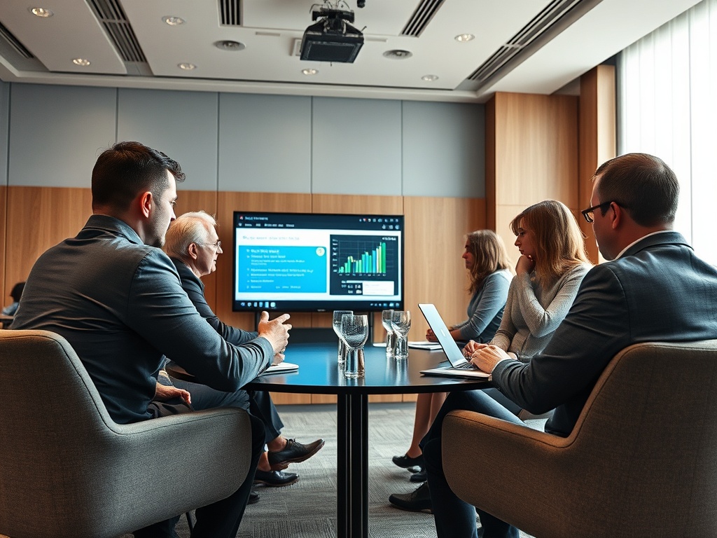 Группа людей в деловой одежде обсуждает данные на экране в конференц-зале. Стол с чашками и ноутбуками.